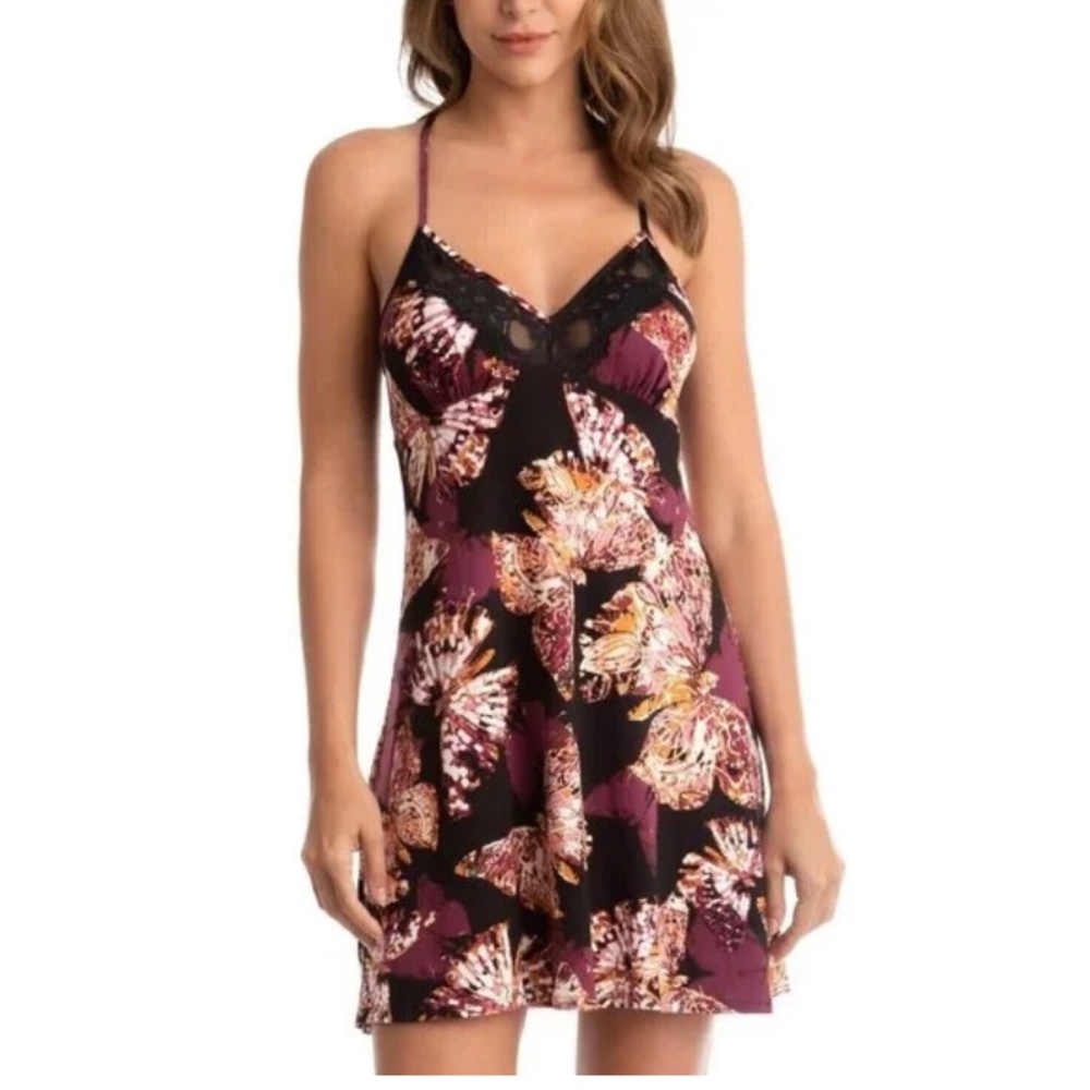 NWT Linea Donatella Butterfly Print Lace Trim Chemise Nightgown Black